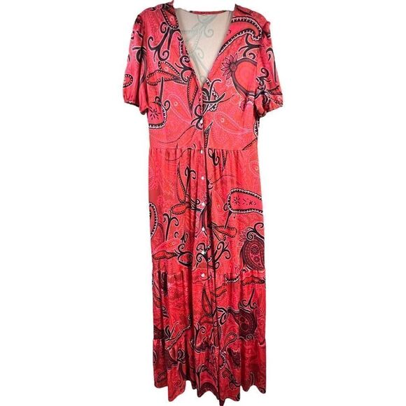 Womens Pink Paisley Floral Print V Neck Button Front Tiered Maxi Dress Size 12 - Picture 1 of 8